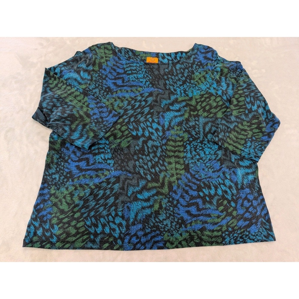 Ruby Rd. Women 1X Shirt Blue & Green 3/4 Sleeves Pullover T Shirt Fabric Knit